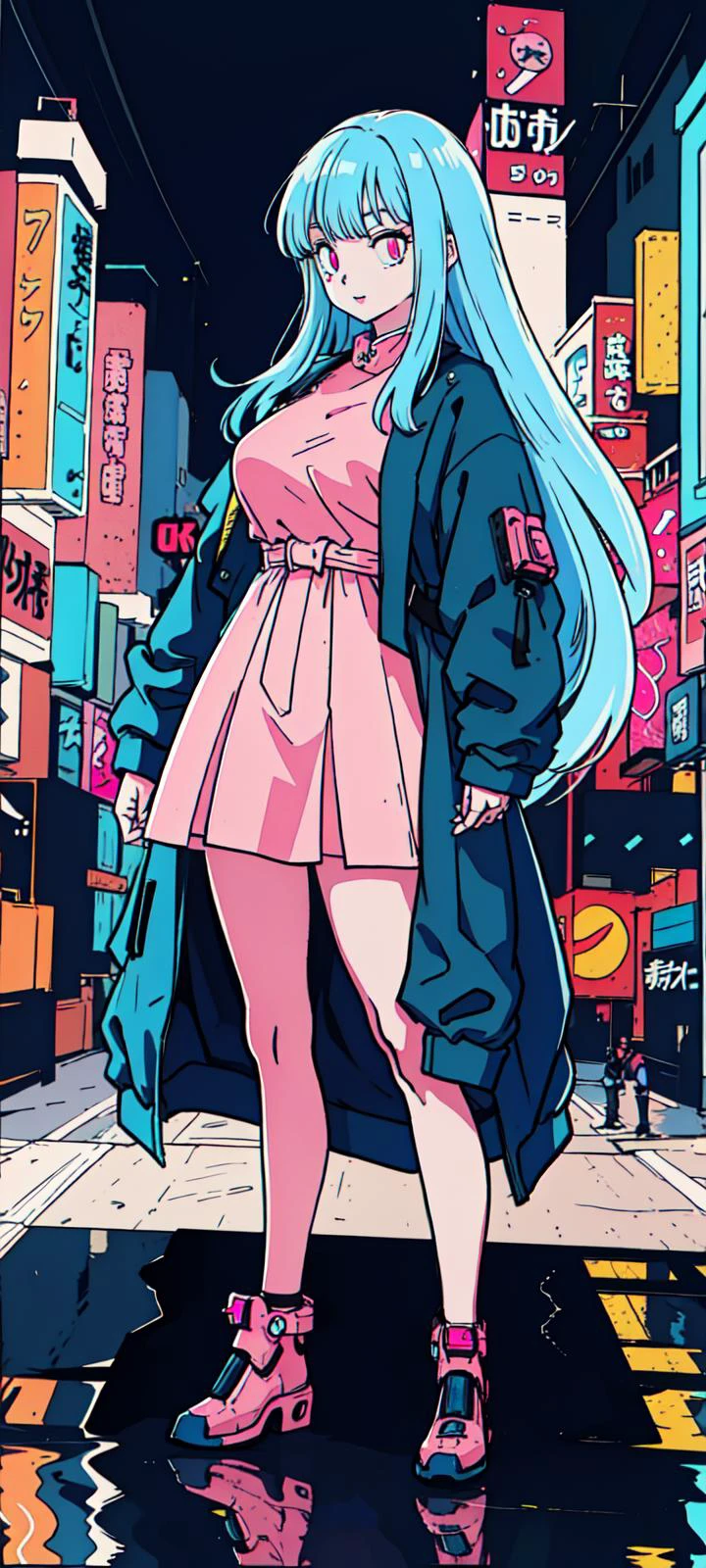 (1girl, <lora:toriyama_akira_3:0.4>, toriyama akira), ((blue hair, very long hair, pink eyes, detailed eyes)), Barihama outfit, <lora:clothesUpdate:0.9>, ultra-detailed, (cyberpunk city, ultra-detailed), 4k, reflection, neon light signs, sexy, full body,