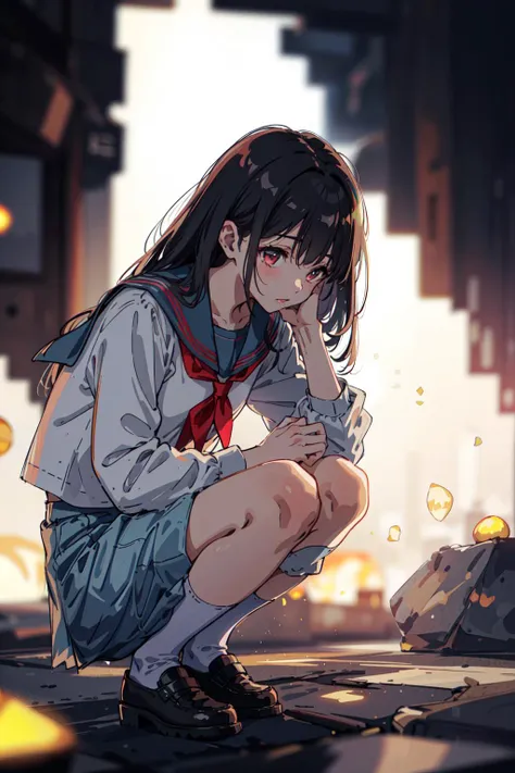 1girl, serafuku, squatting, (depth of field, ambient lighting, blurry foreground, blurry background:1.3), atmospheric, light flares, intricate details, enhanced lighting,