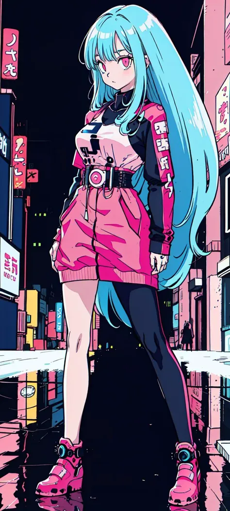 (1girl,  <lora:toriyama_akira_3:0.4>, toriyama akira), ((blue hair, very long hair, pink eyes, detailed eyes)), Barihama outfit, <lora:clothesUpdate:0.9>, ultra-detailed, (cyberpunk city, ultra-detailed), 4k, reflection, neon light signs, sexy, full body,