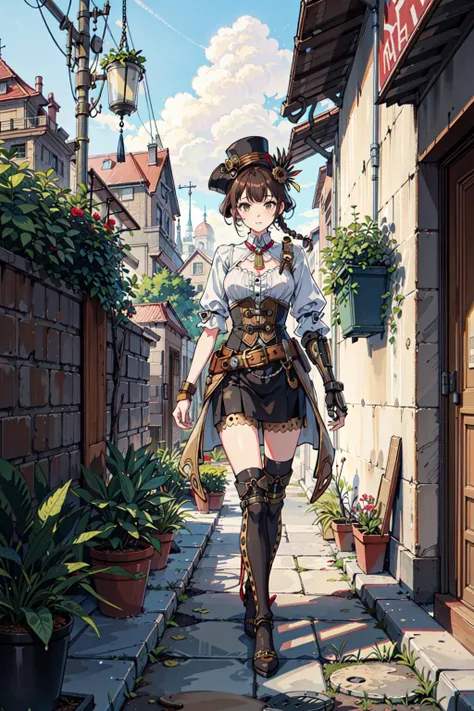 1girl, walking, depth of field, [(princess:1.4), intricate dress, ornate dress:(steampunk, cogs, mechanical arm, steam):5], [castle scenery:steampunk scenery:5], brown hair, braided hair, golden accessories, brown accent, light particles, morning, day, cloudy, potted plants, mossy pathway
