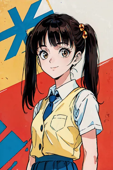 (masterpiece, best quality;1.3), ultra detailed, Looking at viewer,1girl, solo, smile,
ruri, brown hair, long hair, gold eyes, BREAK, orange vest, BREAK, white collared shirt, black necktie, parted bangs, small breasts,twintails,hair bobbles, black short skirt,bust shot,
front view, at school, cinematic light, <lora:90sv1.2R:0.6>1990s \(style\) ,Bilateral Symmetrical Composition, <lora:add_detail:0.3> super pop art, many colors,