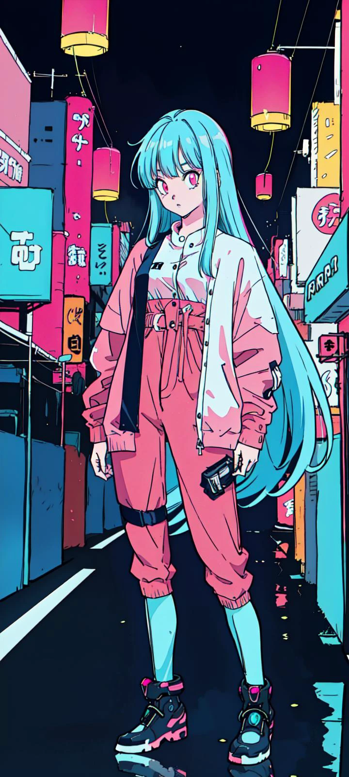 (1girl, <lora:toriyama_akira_3:0.4>, toriyama akira), ((blue hair, very long hair, pink eyes, detailed eyes)), Barihama outfit, <lora:clothesUpdate:0.9>, ultra-detailed, (cyberpunk city, ultra-detailed), 4k, reflection, neon light signs, sexy, full body,