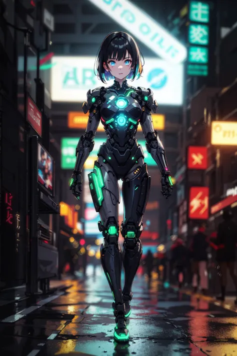 1girl, cyborg, mechanical armor, (glowing neon body:1.5 ), neon signs, colored lighting, reflection, colored reflection, multiple light sources, bobcut, sexy, (depth of field, blurry foreground, blurry background:1.2), walking, cyberpunk scenery, (multilayered, complex layering)