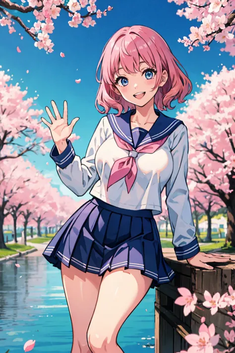 1girl, pink hair, medium hair, wavy hair, large breasts, sailor uniform, pink neckerchief, blue pleated skirt, smile, teeth, waving, outdoors, cherry blossoms