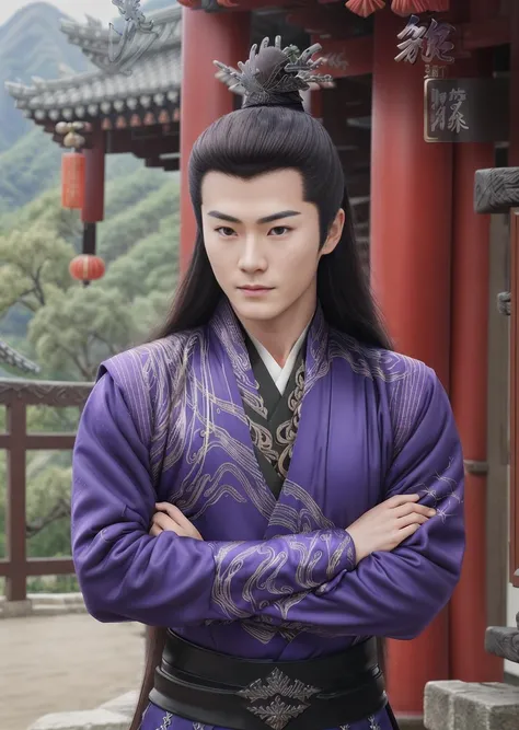 masterpiece, half-body shot, best quality, ultra HD, long haired muscular asian male, purple hanfu, detailed faces, inside a Chinese temple, <lora:fenglonglorav1:0.7> <lora:hanfu:0.4>