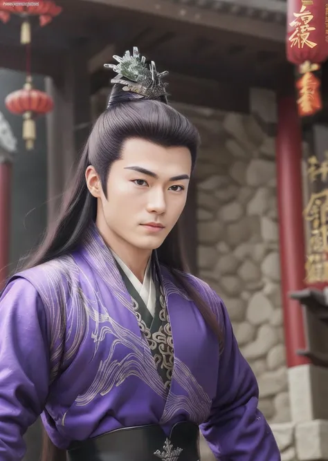 masterpiece, half-body shot, best quality, ultra HD, long haired muscular asian male, purple hanfu, detailed faces, inside a Chinese temple, <lora:fenglonglorav1:0.7>  <lora:hanfu:0.4>