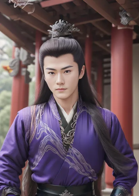 masterpiece, half-body shot, best quality, ultra HD, long haired muscular asian male, purple hanfu, detailed faces, inside a Chinese temple, <lora:fenglonglorav1:0.7> <lora:hanfu:0.4>