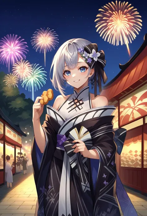 score_9, score_8_up, source_anime, 1girl, solo, vestianewyr, hair flower, hair bow, japanese clothes, black kimono, bare shoulders, outdoors, festival, night, fireworks, holding food, smile, <lora:hololive_zeta_ponyXL:1>