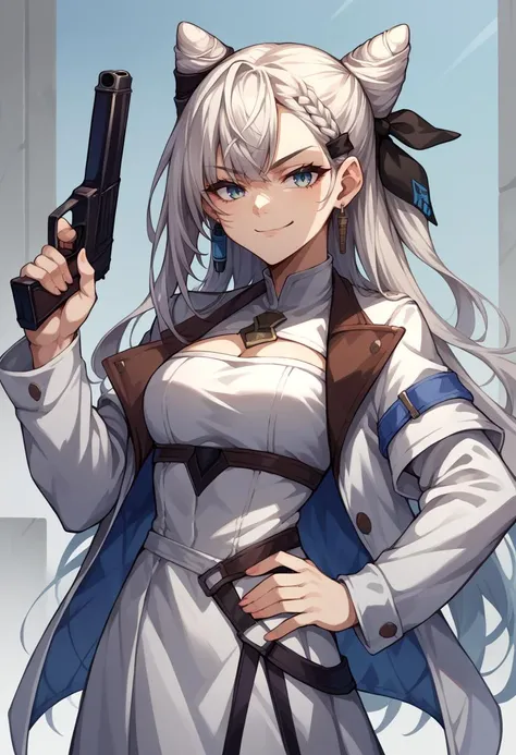 score_9, score_8_up, source_anime, 1girl, solo, vestiadef, cone hair bun, braid, hair ribbon, white jacket, white dress, clothing cutout, cleavage cutout, long sleeves, earrings, holding gun, smirk, hand on hip, <lora:hololive_zeta_ponyXL:1>