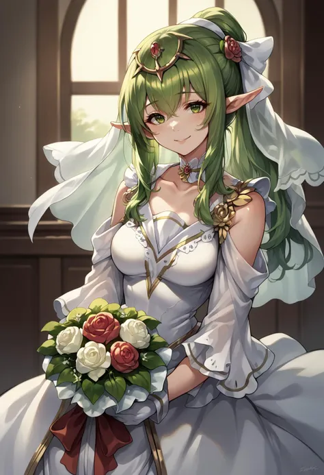 score_9, score_8_up, score_7_up, source_anime, 1girl, solo, mltikwf, bare shoulders, bouquet, bridal veil, circlet, green eyes, green hair, hair flower, hair ornament, large breasts, long hair, pointy ears, ponytail, veil, wedding dress, collarbone,  <lora:tiki-adult-take3-pdxl:1>, smile