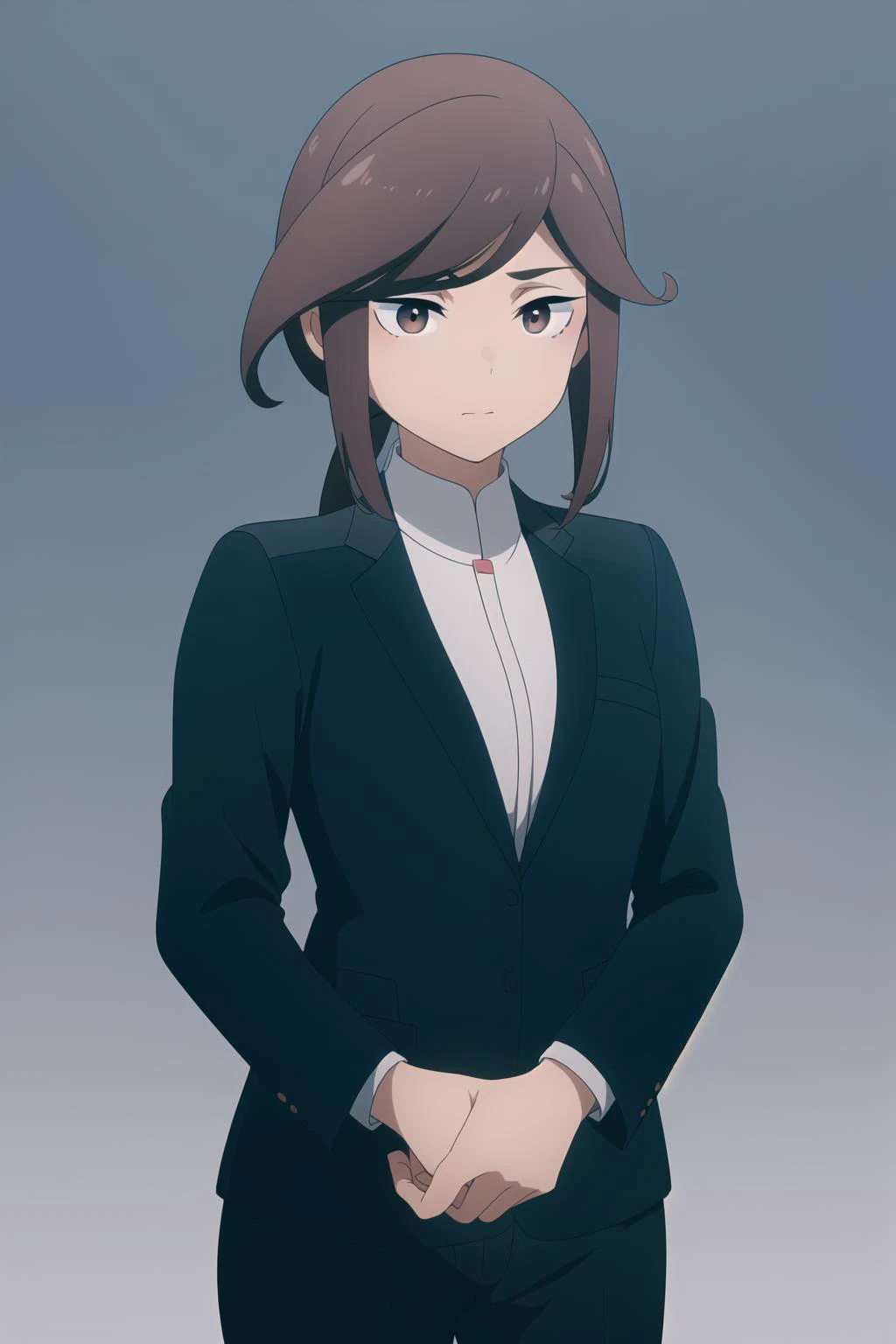 masterpiece, best quality,  <lora:petra:0.8>, simple background,
1girl,solo, medium , brown hair, brwon eyes, suit, secretary suit, [collared shirt], shorts,long sleeves, bangs,  medium hair, ponytail, holding book,