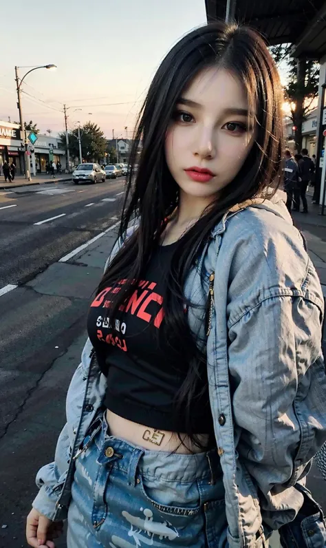 (RAW photo, best quality), (realistic, photo-realistic:1.30),girly,solo,1girl,detailed eyes,hair decoration,trendy expression,jacket,top,pants,(style:1.5),outdoors,mall,clothes,detailed background,(blue and orange tone impression:1.3), soft lighting,gorgeous light and shadow ,stunning environment, hyperdetailed, (aestheticism), ethereal, golden hour, <lora:benxi:0.8>