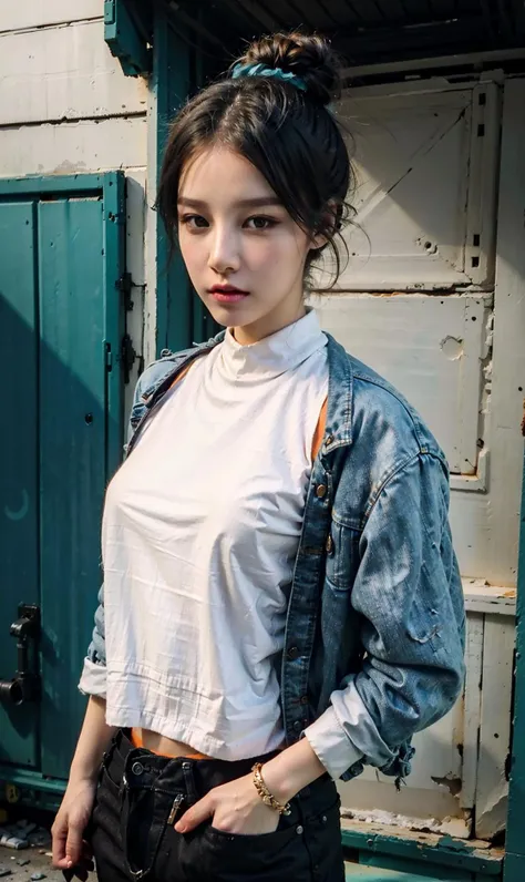 (RAW photo, best quality), (realistic, photo-realistic:1.30),girly,solo,1girl,detailed eyes,hair decoration,trendy expression,jacket,top,pants,(style:1.5),outdoors,mall,clothes,detailed background,(blue and orange tone impression:1.3), soft lighting,gorgeous light and shadow ,stunning environment, hyperdetailed, (aestheticism), ethereal, golden hour, <lora:benxi:0.8>