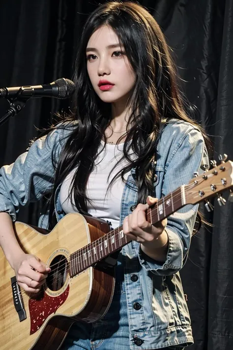 best quality, ultra high res, (photorealistic:1.4), masterpiece, Concert background,1girl,detailed eyes,hair decoration,trendy expression,jacket,top,pants,(style:1.5),standing,On stage,Play the guitar,sing(looking at viewer), <lora:benxi:0.8>