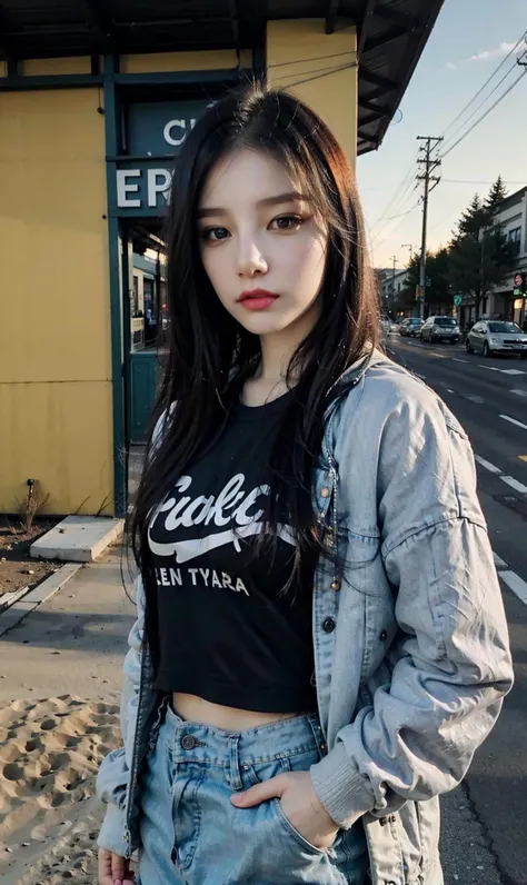(RAW photo, best quality), (realistic, photo-realistic:1.30),girly,solo,1girl,detailed eyes,hair decoration,trendy expression,jacket,top,pants,(style:1.5),outdoors,mall,clothes,detailed background,(blue and orange tone impression:1.3), soft lighting,gorgeous light and shadow ,stunning environment, hyperdetailed, (aestheticism), ethereal, golden hour,  <lora:benxi:0.8>