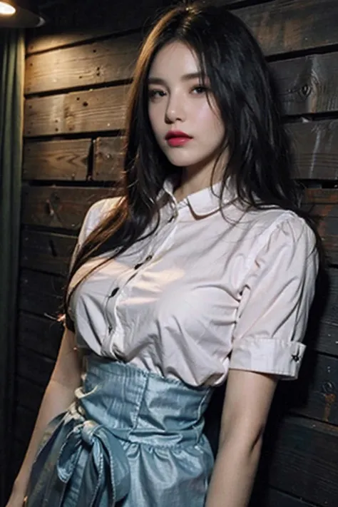 best quality, masterpiece, (photorealistic:1.4), 1girl, light smile, shirt with collars, waist up, dramatic lighting, from below,  <lora:benxi:0.8>