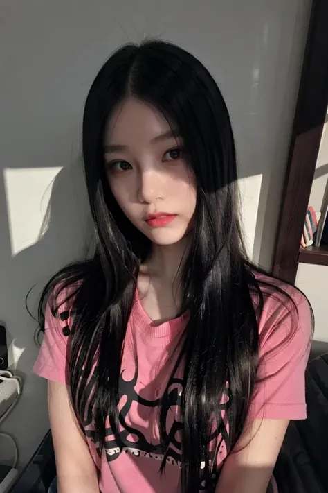 light from left,1girl, looking at viewer, long hair, pink shirt, upper body, best quality, masterpiece, sunlight, shining in through the window,shade,strong contrast,large light ratio,sunlight, <lora:benxi:0.8>
