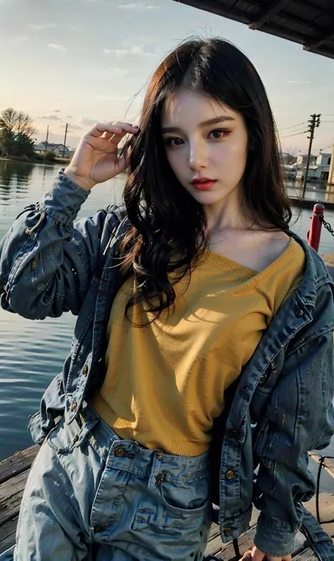 (RAW photo, best quality), (realistic, photo-realistic:1.30),girly,solo,1girl,detailed eyes,hair decoration,trendy expression,jacket,top,pants,(style:1.5),outdoors,mall,clothes,detailed background,(blue and orange tone impression:1.3), soft lighting,gorgeous light and shadow ,stunning environment, hyperdetailed, (aestheticism), ethereal, golden hour, <lora:benxi:0.8>