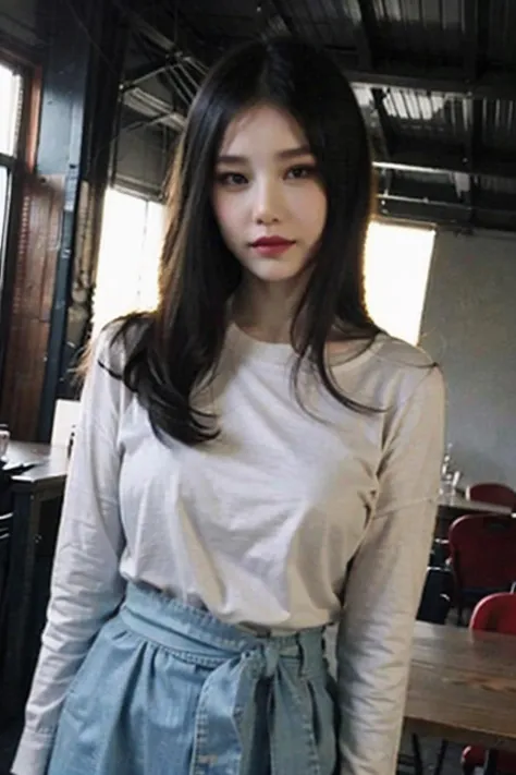 best quality, masterpiece, (photorealistic:1.4), 1girl, light smile, shirt with collars, waist up, dramatic lighting, from below, <lora:benxi:0.8>