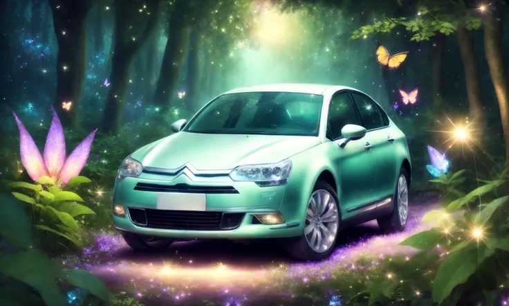 wonderful magical fairy forest with c5x7 parked, glowing plants, butterfly, firefly, sparkles
