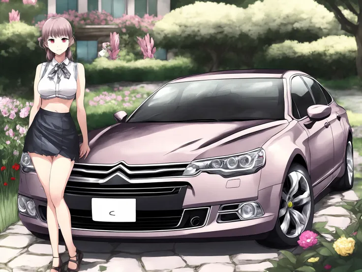 (anime cartoon drawing) car (c5x7:1.1) with 1girl milf woman, detailed, high quality, garden, looking at viewer, sexy, bra, skirt, flowers, shirt