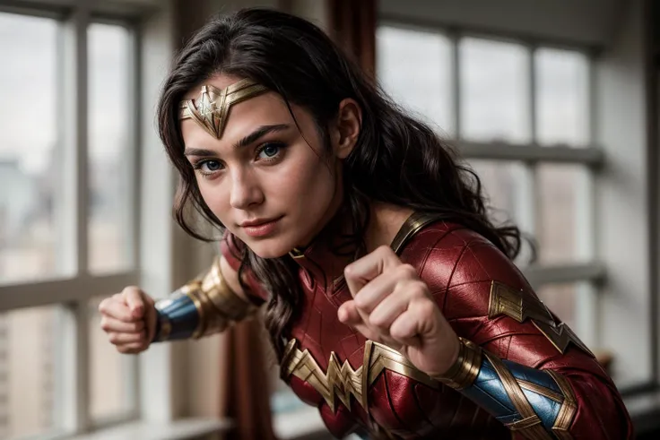 DC s,photo of a 18 year old girl,wonder woman,punching viewer,incoming punch,bare fist,happy,ray tracing,detail shadow,shot on Fujifilm X-T4,85mm f1.2,sharp focus,depth of field,blurry background,bokeh,motion blur,<lora:add_detail:1>,
