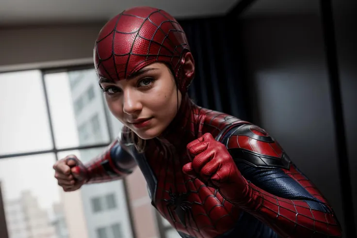 Marvel s,photo of a 18 year old girl,spiderman,punching viewer,incoming punch,bare fist,happy,ray tracing,detail shadow,shot on Fujifilm X-T4,85mm f1.2,sharp focus,depth of field,blurry background,bokeh,motion blur,<lora:add_detail:1>,