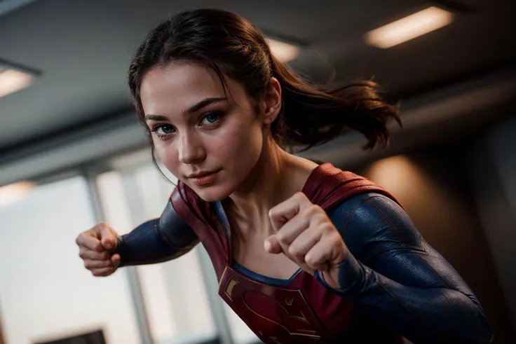 DC s,photo of a 18 year old girl,supergirl,punching viewer,incoming punch,bare fist,happy,ray tracing,detail shadow,shot on Fujifilm X-T4,85mm f1.2,sharp focus,depth of field,blurry background,bokeh,motion blur,<lora:add_detail:1>,