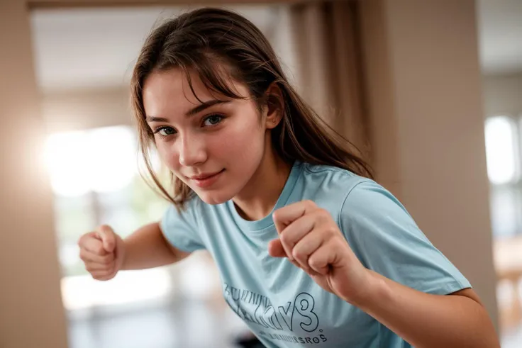 photo of a 18 year old girl,punching viewer,incoming punch,bare fist,happy,(shirt:1.2),ray tracing,detail shadow,shot on Fujifilm X-T4,85mm f1.2,sharp focus,depth of field,blurry background,bokeh,motion blur,<lora:add_detail:1>,