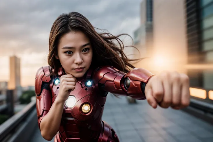 Marvel movies,from above,photo of a 18 year old girl,ironman,punching viewer,incoming punch,bare fist,happy,outdoor,windy,street,tokyo,ray tracing,detail shadow,shot on Fujifilm X-T4,85mm f1.2,sharp focus,depth of field,blurry background,bokeh,lens flare,motion blur,<lora:add_detail:1>,