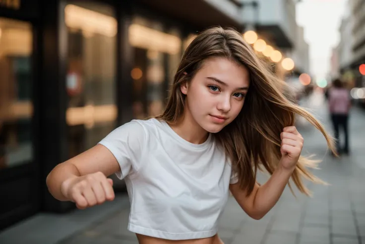 photo of a 18 year old girl,punching viewer,incoming punch,bare fist,happy,ray tracing,detail shadow,shot on Fujifilm X-T4,85mm f1.2,sharp focus,depth of field,blurry background,bokeh,lens flare,motion blur,<lora:add_detail:1>,