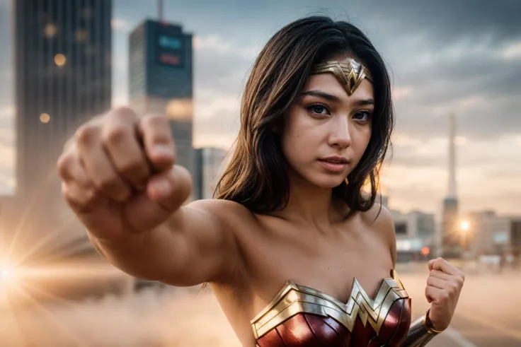 DC s,photo of a 18 year old girl,wonder woman,punching viewer,incoming punch,bare fist,happy,outdoor,windy,on the street,tokyo,ray tracing,detail shadow,shot on Fujifilm X-T4,85mm f1.2,sharp focus,depth of field,blurry background,bokeh,lens flare,motion blur,<lora:add_detail:1>,