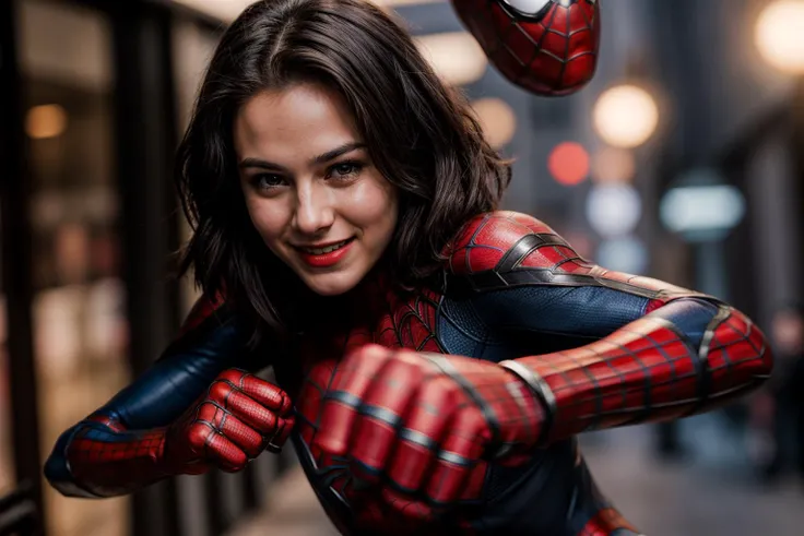 Marvel s,photo of a 18 yer old girl,spiderman,punching viewer with bare fist,incoming punch,happy,laughing,ray tracing,detail shadow,shot on Fujifilm X-T4,85mm f1.2,sharp focus,depth of field,blurry background,bokeh,motion blur,<lora:add_detail:1>,