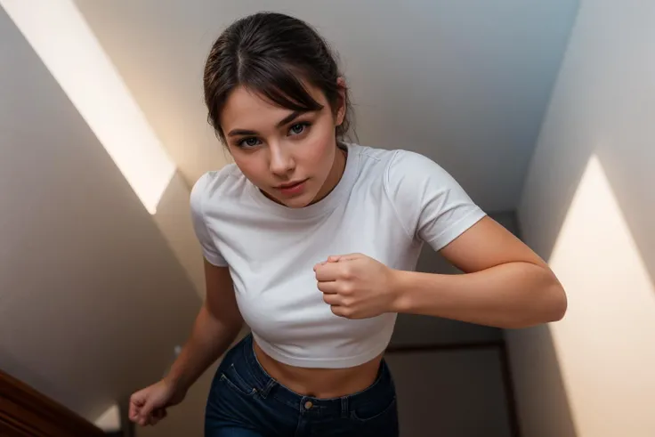 full body,from above,photo of a 18 yer old girl,punching viewer with bare fist,incoming punch,happy,shirt,pants,ray tracing,detail shadow,shot on Fujifilm X-T4,85mm f1.2,sharp focus,depth of field,blurry background,bokeh,lens flare,motion blur,<lora:add_detail:1>,