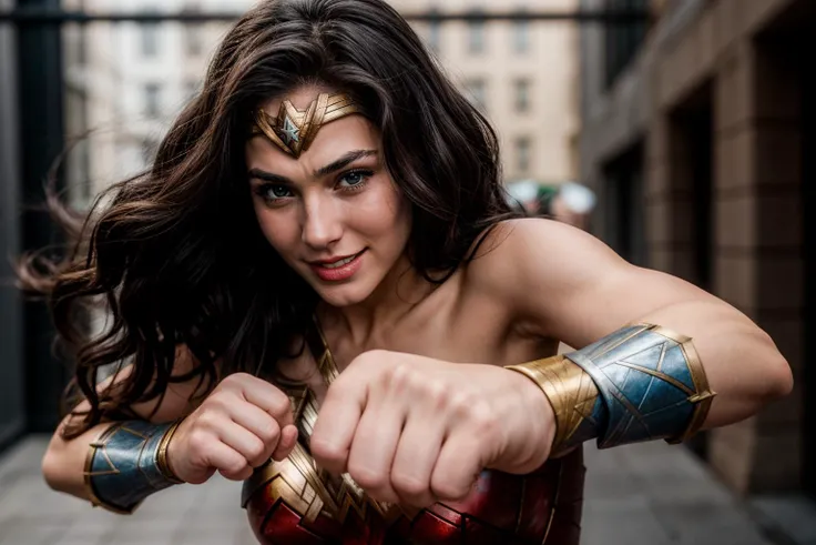 DC s,photo of a 18 yer old girl,wonder woman,punching viewer with bare fist,incoming punch,happy,laughing,ray tracing,detail shadow,shot on Fujifilm X-T4,85mm f1.2,sharp focus,depth of field,blurry background,bokeh,motion blur,<lora:add_detail:1>,