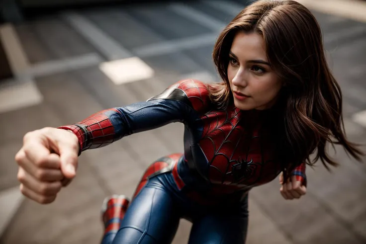Marvel s,full body,from above,photo of a 18 yer old girl,spiderman,punching viewer with bare fist,incoming punch,happy,(((looking at viewer))),ray tracing,detail shadow,shot on Fujifilm X-T4,85mm f1.2,sharp focus,depth of field,blurry background,bokeh,lens flare,motion blur,<lora:add_detail:1>,
