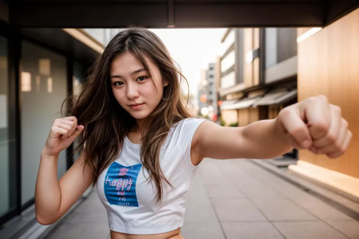 photo of a 18 year old girl,punching viewer,incoming punch,bare fist,happy,shirt,pants,outdoor,windy,street,tokyo,ray tracing,detail shadow,shot on Fujifilm X-T4,85mm f1.2,sharp focus,depth of field,blurry background,bokeh,motion blur,<lora:add_detail:1>,