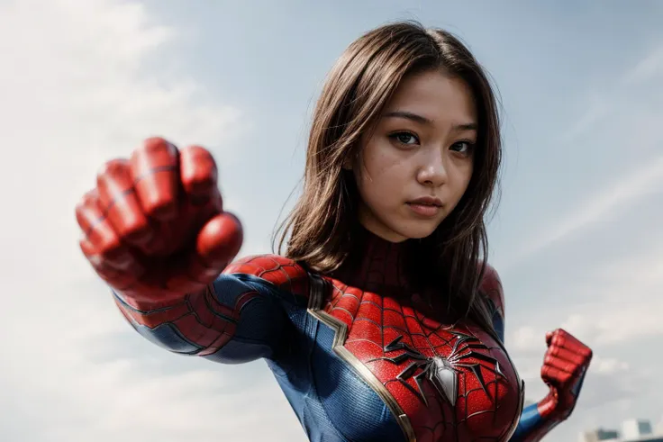 Marvel movies,photo of a 18 year old girl,spiderman,punching viewer,incoming punch,bare fist,happy,outdoor,windy,on the street,tokyo,ray tracing,detail shadow,shot on Fujifilm X-T4,85mm f1.2,sharp focus,depth of field,blurry background,bokeh,lens flare,motion blur,<lora:add_detail:1>,