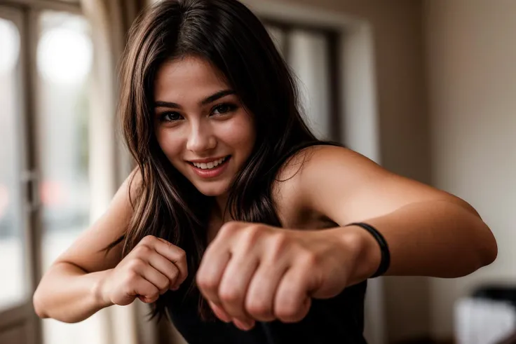 photo of a 18 yer old girl,punching viewer with bare fist,incoming punch,happy,laughing,ray tracing,detail shadow,shot on Fujifilm X-T4,85mm f1.2,sharp focus,depth of field,blurry background,bokeh,motion blur,<lora:add_detail:1>,