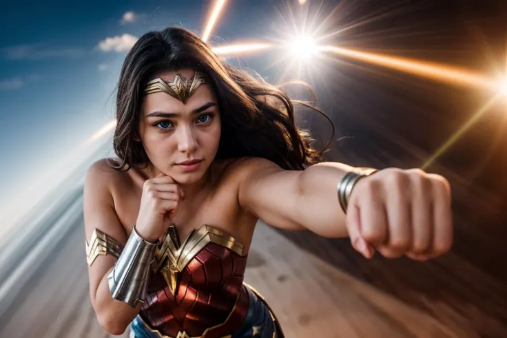 DC s,from above,photo of a 18 year old girl,wonder woman,punching viewer,incoming punch,bare fist,happy,shirt,pants,outdoor,windy,street,tokyo,ray tracing,detail shadow,shot on Fujifilm X-T4,85mm f1.2,sharp focus,depth of field,blurry background,bokeh,lens flare,motion blur,<lora:add_detail:1>,