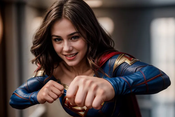 DC s,photo of a 18 yer old girl,supergirl,punching viewer with bare fist,incoming punch,happy,laughing,ray tracing,detail shadow,shot on Fujifilm X-T4,85mm f1.2,sharp focus,depth of field,blurry background,bokeh,motion blur,<lora:add_detail:1>,