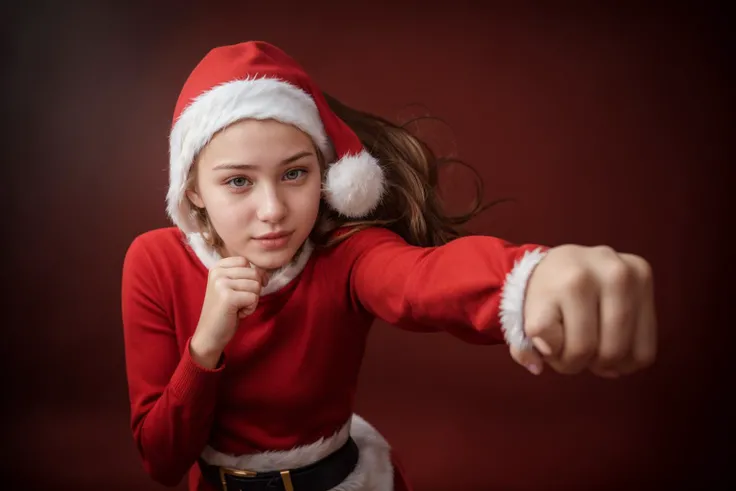 photo of a 18 year old girl,punching viewer,incoming punch,bare fist,happy,Santa Clausâs outfit,Red Coat,Red Hat,christmas theme,ray tracing,detail shadow,shot on Fujifilm X-T4,85mm f1.2,sharp focus,depth of field,blurry background,bokeh,lens flare,motion blur,<lora:add_detail:1>,