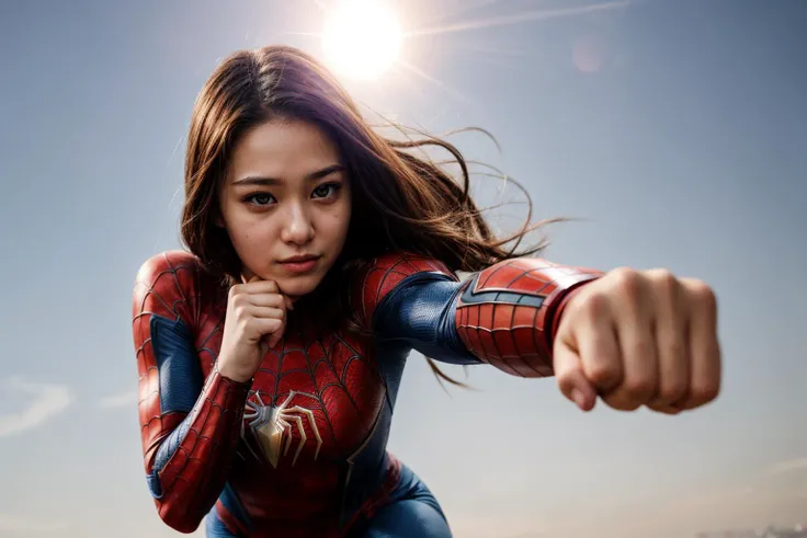 Marvel movies,from above,photo of a 18 year old girl,spiderman,punching viewer,incoming punch,bare fist,happy,shirt,pants,outdoor,windy,street,tokyo,ray tracing,detail shadow,shot on Fujifilm X-T4,85mm f1.2,sharp focus,depth of field,blurry background,bokeh,lens flare,motion blur,<lora:add_detail:1>,