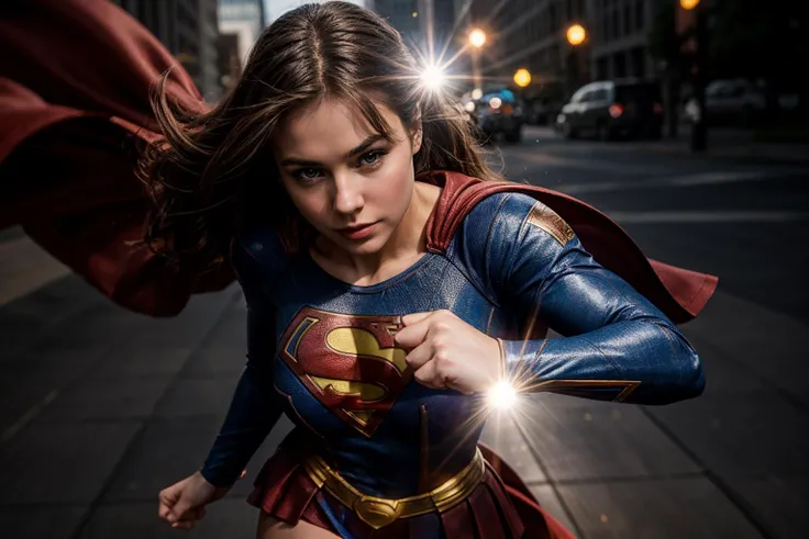 DC s,full body,from above,photo of a 18 yer old girl,supergirl,punching viewer with bare fist,incoming punch,happy,ray tracing,detail shadow,shot on Fujifilm X-T4,85mm f1.2,sharp focus,depth of field,blurry background,bokeh,lens flare,motion blur,<lora:add_detail:1>,