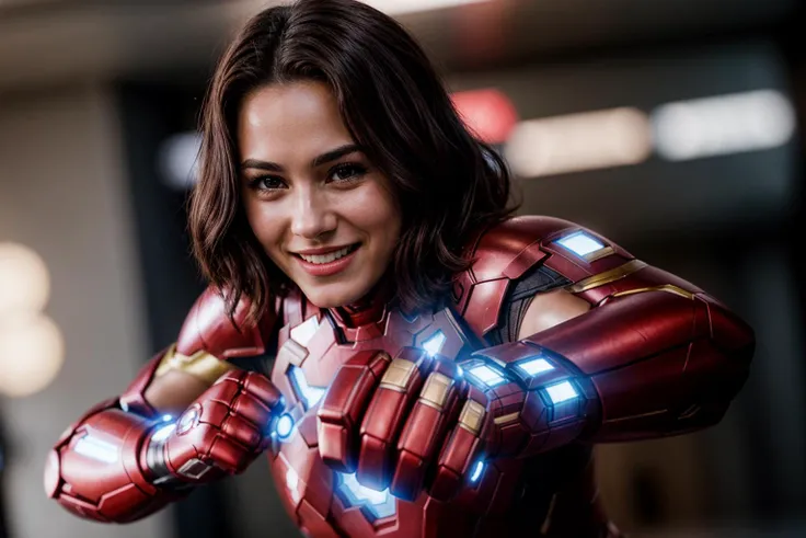 Marvel s,photo of a 18 yer old girl,ironman,punching viewer with bare fist,incoming punch,happy,laughing,ray tracing,detail shadow,shot on Fujifilm X-T4,85mm f1.2,sharp focus,depth of field,blurry background,bokeh,motion blur,<lora:add_detail:1>,