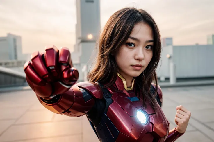 Marvel s,photo of a 18 year old girl,ironman,punching viewer,incoming punch,bare fist,happy,outdoor,windy,on the street,tokyo,ray tracing,detail shadow,shot on Fujifilm X-T4,85mm f1.2,sharp focus,depth of field,blurry background,bokeh,lens flare,motion blur,<lora:add_detail:1>,