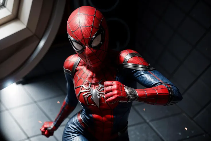 Marvel s,full body,from above,photo of a 18 yer old girl,spiderman,punching viewer with bare fist,incoming punch,happy,ray tracing,detail shadow,shot on Fujifilm X-T4,85mm f1.2,sharp focus,depth of field,blurry background,bokeh,lens flare,motion blur,<lora:add_detail:1>,