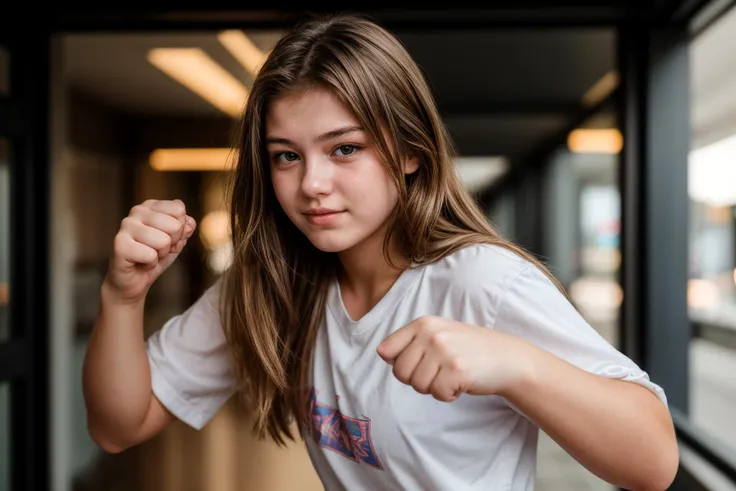 photo of a 18 year old girl,punching viewer,incoming punch,bare fist,happy,ray tracing,detail shadow,shot on Fujifilm X-T4,85mm f1.2,sharp focus,depth of field,blurry background,bokeh,lens flare,motion blur,<lora:add_detail:1>,