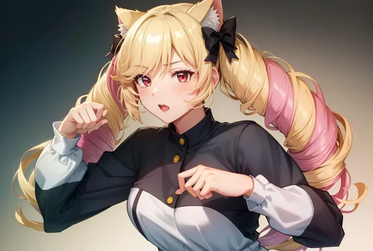 1girl, in full growth, best quality, masterpiece, good quality, punching viewer,incoming punch,bare fist, <lora:ÐоÑка-девоÑка из Ñок ÑоÑ(Himeko, very long hair, red eyes, hair bow, twin_drills, twintails, long hair,cat ears, yellow cat ears,):0.7>, Himeko, very long hair, red eyes, hair bow, twin_drills, twintails, long hair,cat ears, yellow cat ears, (((masterpiece))), (((best quality))), (((illustration))), (((finely detail))), ((extremely detailed cg unity 8k wallpaper, highres)), (beautiful detailed face and eyes and hair:1.1), (an extremely delicate and beautiful girl:1.2), ultra-detailed, ultra high res, high quality, 4K, extreamly delicate and beautiful, full_body, standing, in full growth, hourglass waist