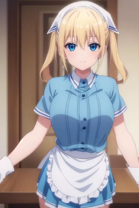 kahohinata, <lora:kaho hinata s1-lora-nochekaiser:1>,
kaho hinata, blonde hair, blue eyes, hair between eyes, long hair, sidelocks, twintails, smile,
BREAK apron, blue shirt, blue skirt, frilled apron, frills, gloves, head scarf, shirt, short sleeves, skirt, uniform, waist apron, waitress, white apron, white gloves,
BREAK indoors, restaurant,
BREAK looking at viewer, (cowboy shot:1.5),
BREAK <lyco:GoodHands-beta2:1>, (masterpiece:1.2), best quality, high resolution, unity 8k wallpaper, (illustration:0.8), (beautiful detailed eyes:1.6), extremely detailed face, perfect lighting, extremely detailed CG, (perfect hands, perfect anatomy),